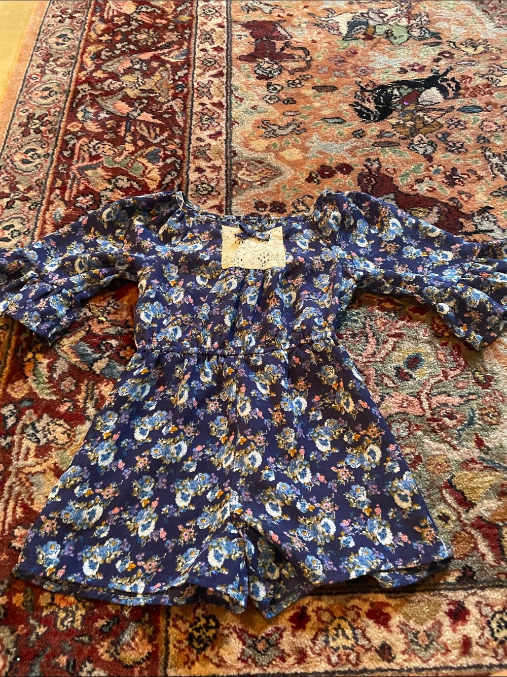 Girls' Navy Floral Romper with Lace Yoke